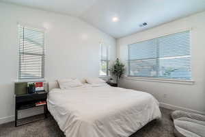 Carpeted bedroom with lofted ceiling and baseboards