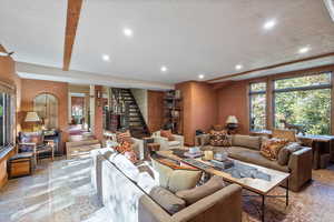 Living room featuring mid-century sofas by designer John Widdicomb