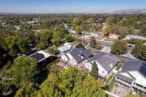 Aerial view of residential area with a mountain backdrop
