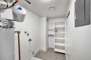 Walk in closet featuring electric panel and water heater
