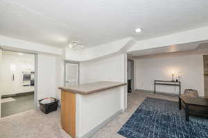 Bar with a textured ceiling, light carpet, and recessed lighting