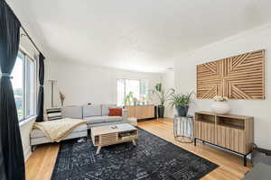 Living area with crown molding and light wood finished floors