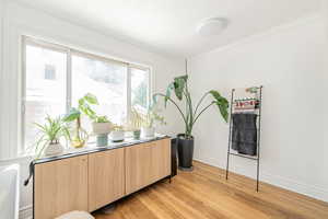 Home office with light wood-type flooring and crown molding