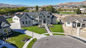 Aerial perspective of suburban area featuring mountains