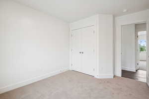 Unfurnished bedroom featuring carpet floors and a closet