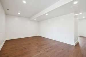 Unfurnished room with recessed lighting and dark wood-style flooring