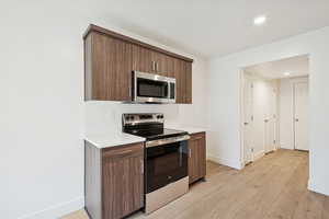 Kitchen with stainless steel appliances, modern cabinets, light wood-style floors, recessed lighting, and dark brown cabinets