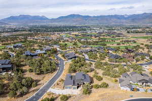 Aerial perspective of suburban area with mountains
