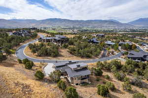 Aerial perspective of suburban area featuring a mountainous background