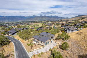 Aerial view of residential area with a mountain backdrop