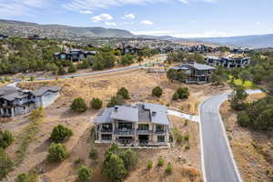 Aerial perspective of suburban area with mountains