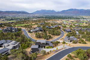 Aerial perspective of suburban area featuring a mountain backdrop