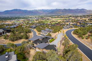 Aerial view of residential area featuring mountains