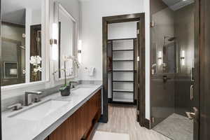 Full bath with a shower stall and double vanity