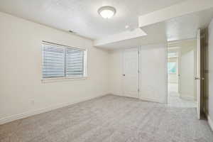 Unfurnished bedroom featuring light carpet, a textured ceiling, and multiple windows