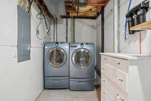 Laundry room with electric panel and independent washer and dryer