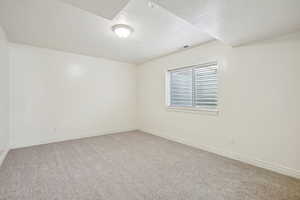 Unfurnished room featuring light colored carpet and a textured ceiling