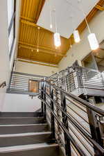 Stairway with wooden ceiling