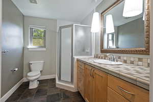 Bathroom featuring vanity, a shower stall, and dark stone finish floors