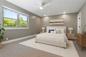 Bedroom with carpet, ceiling fan, and recessed lighting