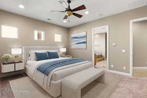 Bedroom featuring carpet flooring, ceiling fan, recessed lighting, and ensuite bathroom