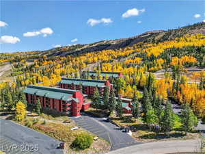 Aerial view of property and surrounding area with a forest