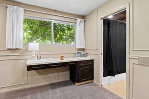 Unfurnished office featuring light colored carpet and built in study area
