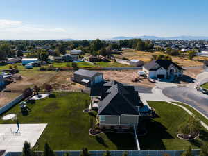 Aerial view of residential area with a mountain backdrop