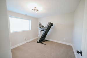 Workout area featuring baseboards and carpet flooring