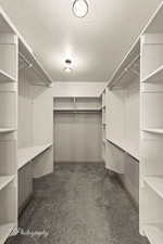 Spacious closet with dark colored carpet