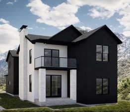 Front of property with, stucco and board and batten siding, a shingled roof, a balcony, and a lawn