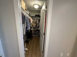 Spacious closet with attic access and light wood-type flooring