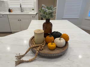 Detailed view of the island and quartz countertop.