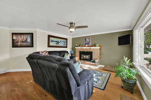 Living room with a textured ceiling, wood finished floors, ornamental molding, a fireplace, and ceiling fan