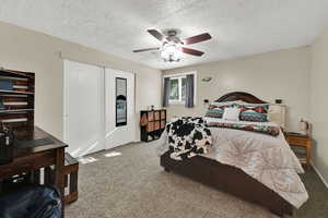 Bedroom featuring carpet, a textured ceiling, a ceiling fan, and a closet