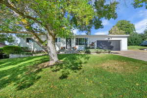 View of front of property with a garage, a front lawn, and driveway
