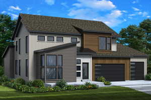 View of front of house featuring a shingled roof, a front yard, concrete driveway, and board and batten siding