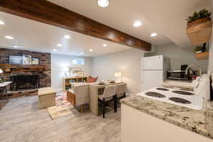 eating area and fireplace