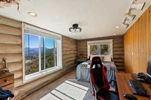 Home office with carpet floors, a mountain view, rustic walls, a textured ceiling, and recessed lighting