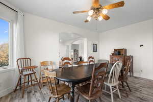 Dining room featuring arched walkways, light wood-style tile floors, and ceiling fan