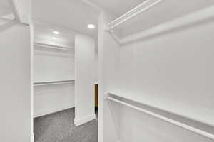 Walk in closet featuring light colored carpet