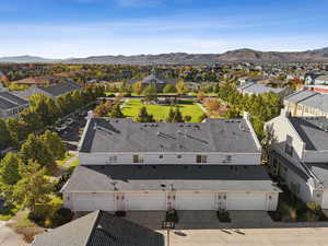 Aerial view of residential area with a mountain backdrop