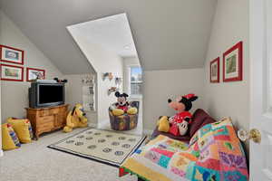 Bedroom Playroom featuring carpet floors and lofted ceiling
