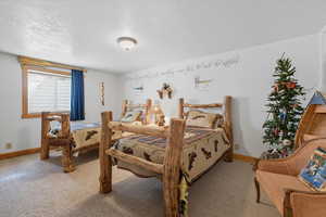 Carpeted bedroom featuring baseboards and a textured ceiling