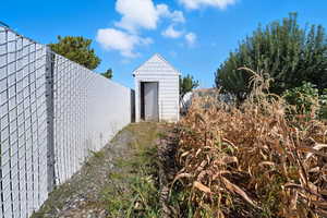 View of shed and garden area