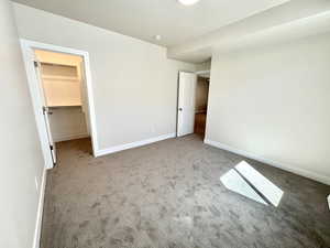 Unfurnished bedroom featuring a spacious closet and carpet flooring