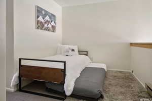 Bedroom with carpet and a baseboard heating unit