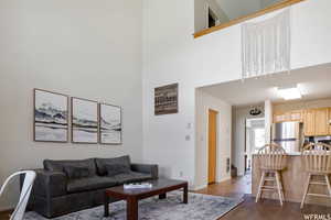Living room featuring dark wood-style flooring and a towering ceiling