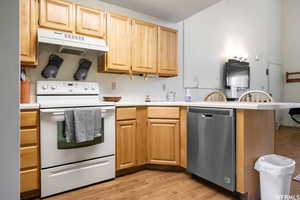 Kitchen with white electric stove, light countertops, a peninsula, under cabinet range hood, and dishwasher