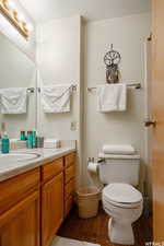 Full bathroom with dark wood finished floors and vanity